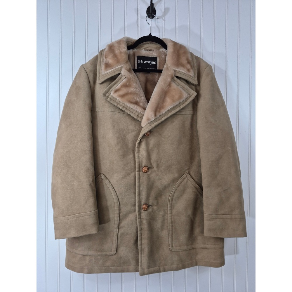 Vintage Stratojac Mens Tan Faux Suede Fur Lined Thick Car Coat 44 XL Winter
